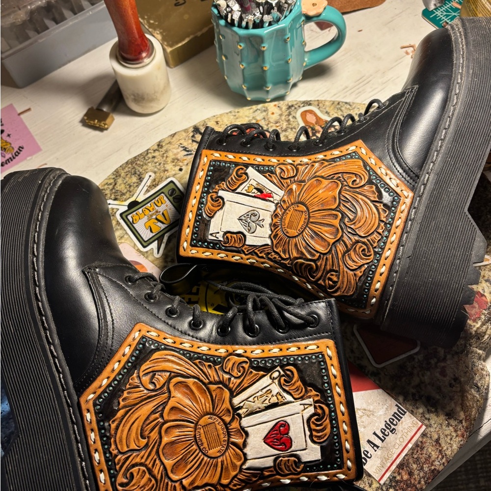 Hand tooled one of a kind combat boots